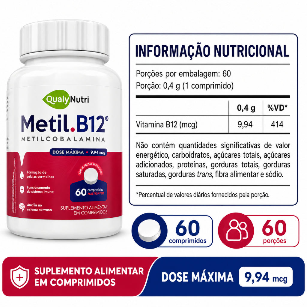 Metil B12 Mastigável QualyNutri – 60 Comprimidos | Frutas Vermelhas