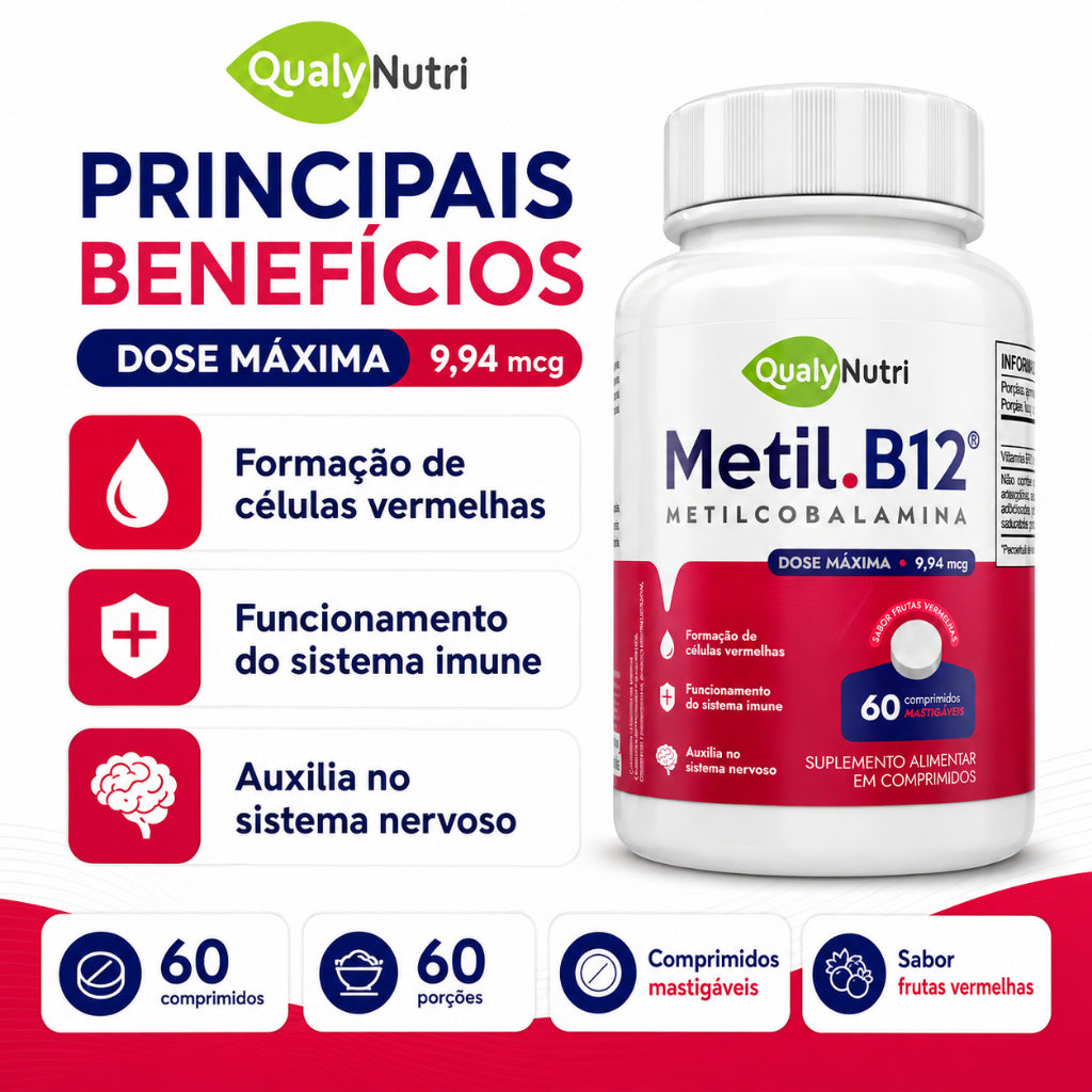 Metil B12 Mastigável QualyNutri – 60 Comprimidos | Frutas Vermelhas