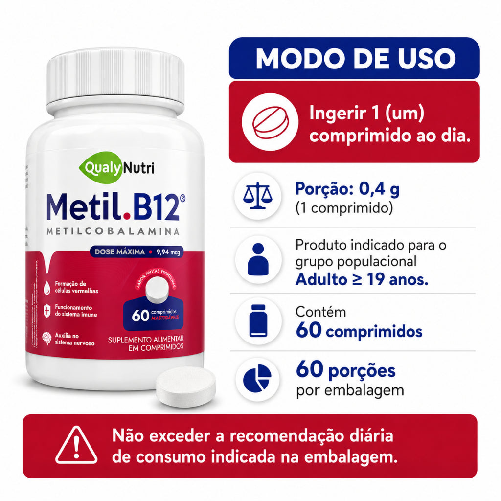 Metil B12 Mastigável QualyNutri – 60 Comprimidos | Frutas Vermelhas