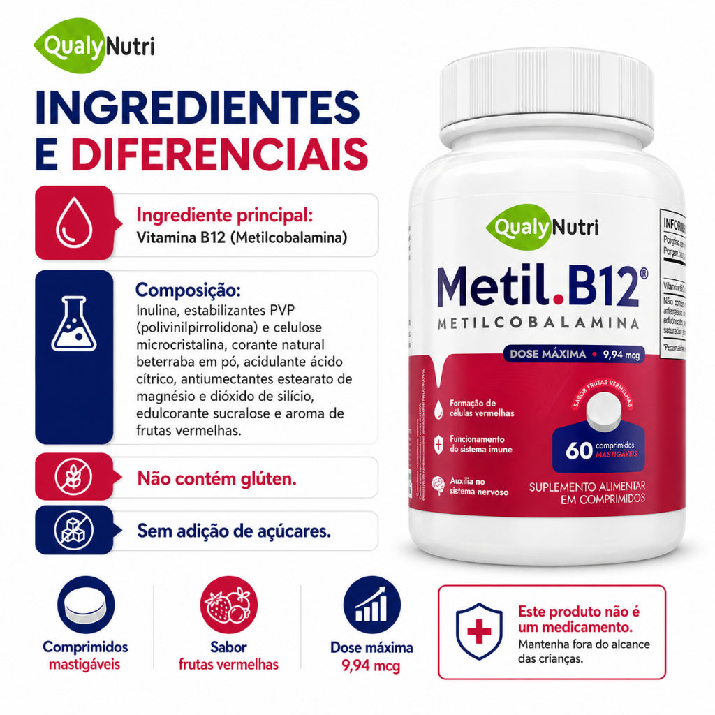 Metil B12 Mastigável QualyNutri – 60 Comprimidos | Frutas Vermelhas