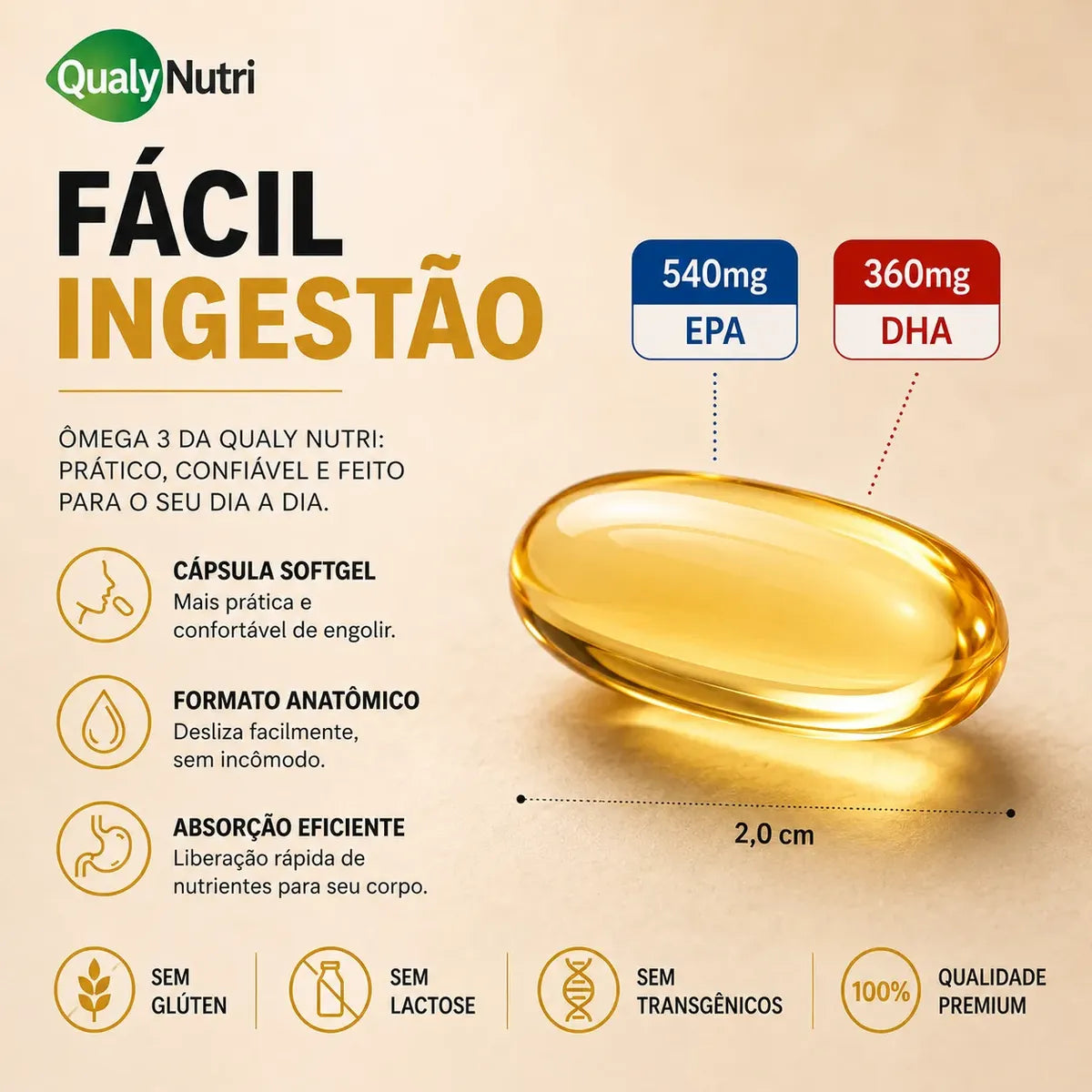 Ômega 3 QualyNutri 1000 mg – 120 Cápsulas | EPA 540 mg + DHA 360 mg